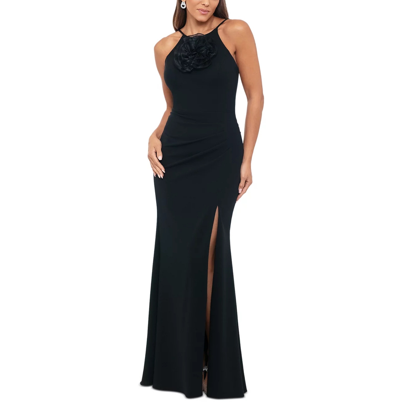 Xscape Sleeveless Halter Thigh Slit Long Evening Gown Black Size 14 Formal Dress